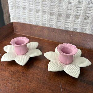 Set of 2 Flower Ceramic Candle Holders Gently Used Pink Flowers White Leaves